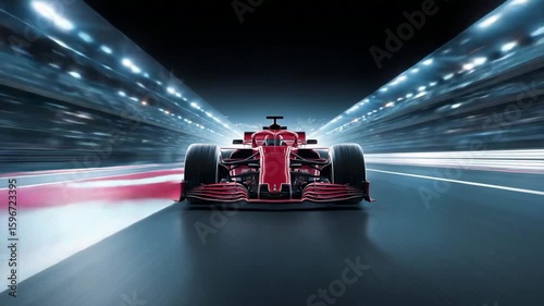 Formula Red racing car speeding down a track with motion blur and bright lights in the background
