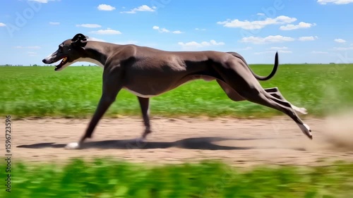 Greyhound Dog Sprinting Across Field, Dynamic Action, Speed, Motion, Summer Day.