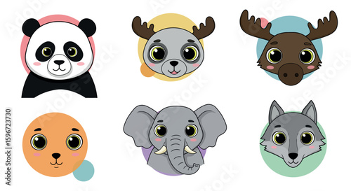 Cute animal faces with big eyes in pastel backgrounds