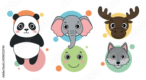 Cute animal faces in flat style with adorable expressions and soft colors