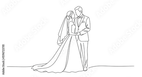 Elegant wedding day romance: minimalist line art of a bride and groom