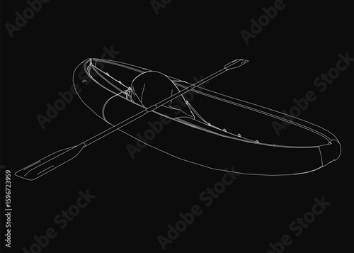 A black and white rubber kayak with two oars, drawn in clean contour lines against a dark background. The minimalist design highlights the boat's sleek shape and simplicity.