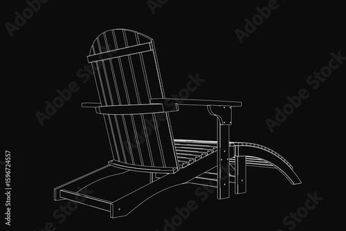 A black and white wooden Adirondack chair with a curved backrest and slatted seat sits on a dark background. The contour design features wide armrests and four sturdy legs.