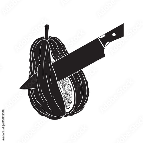 Buddhas Hand Citron Sliced with Knife Vector Illustration