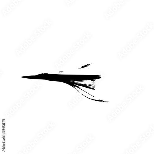 Stylized black ink drawing of a jet airplane with brushstroke details on a white background art