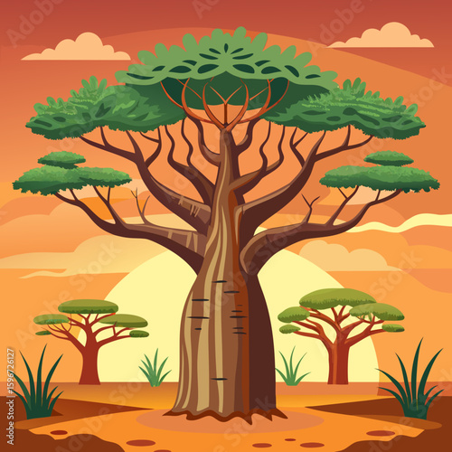 Ancient baobab tree with thick trunk and sparse leaves
