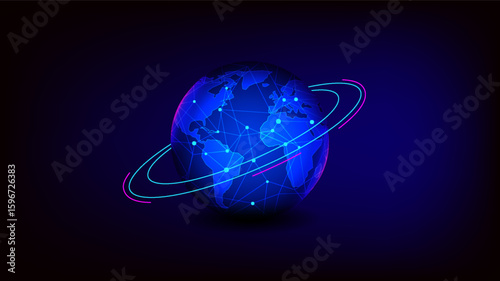 A glowing neon Earth with connected nodes and network lines, symbolizing global digital communication and technology