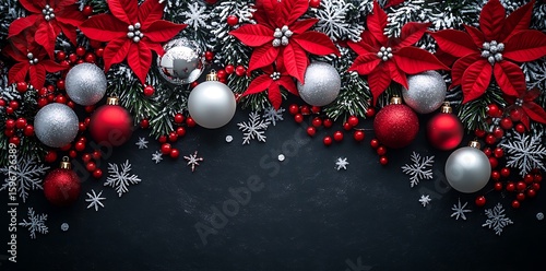 Festive christmas decoration with poinsettias baubles and sparkling snowflake embellishments