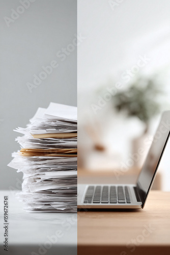 Conceptual shot contrasting a towering paper stack with a sleek laptop. Visual metaphor for old vs. new, efficiency, or digital transformation. Ideal for business.