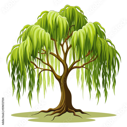 Willow tree with long drooping branches, white background