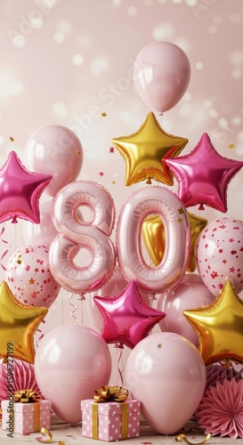 Celebratory 80th birthday party with balloons and gifts