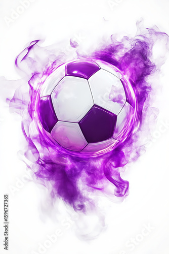 A dynamic soccer ball surrounded by vibrant purple smoke, symbolizing energy and movement