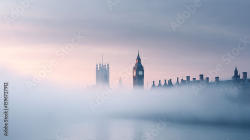 Dreamy view of a cityscape emerging from dense fog. Mist shrouds architecture, creating a surreal, ethereal scene. Evokes mystery, history, and travel. Ideal for atmospheric designs.