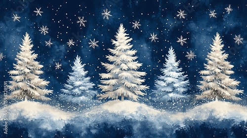 Winter watercolor landscape featuring snowy christmas trees and falling snowflakes on a dark night