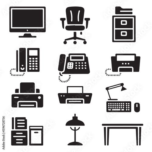 Vector art of a collection of black icons depicts various office equipment including computers, printers, telephones, and furniture for a modern workspace Vector Art
