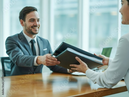 Photo of a businessman hands a binder to a businesswoman during a meeting in the office