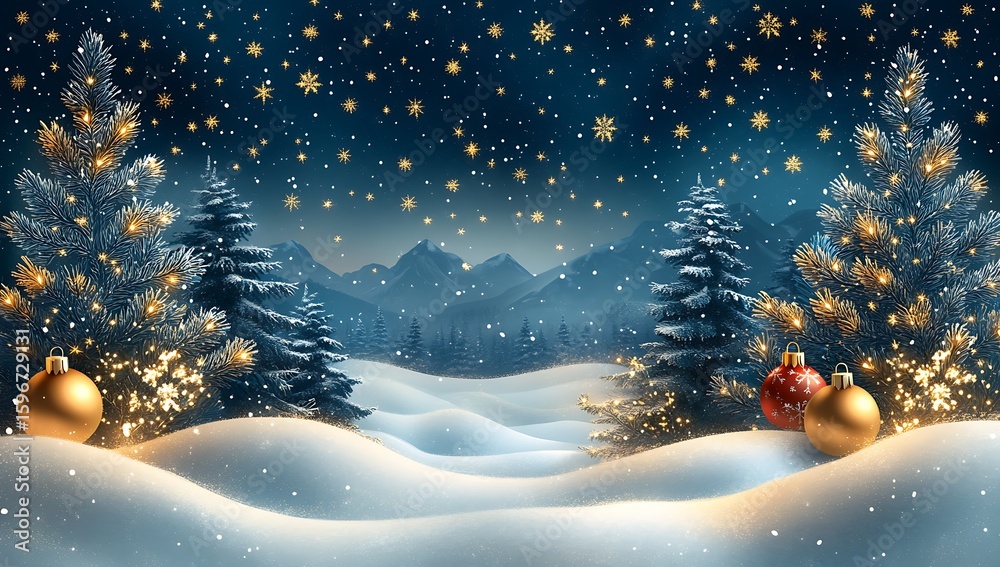Fototapeta premium Winter christmas landscape with snowy hills illuminated fir trees and festive baubles