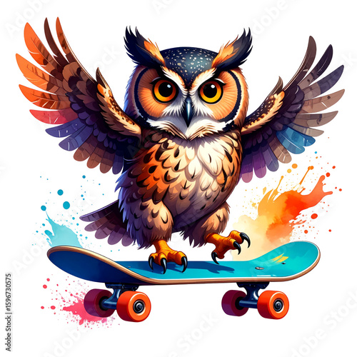 Owl Skateboarding: A Whimsical Digital Art isolated transparent png background
