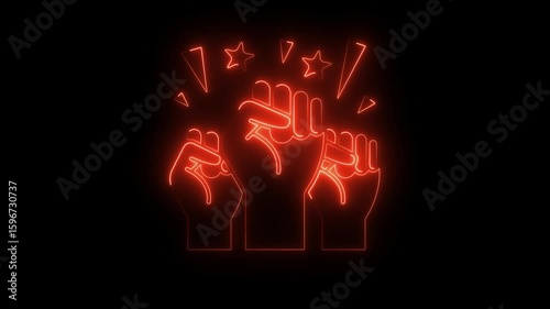 Glowing neon raise hand icon animation on black background.4k video