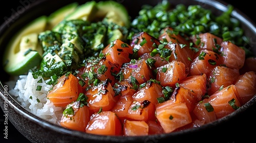 Fototapeta Naklejka Na Ścianę i Meble -  Delicious Salmon Poke Bowl Recipe: A Culinary Delight