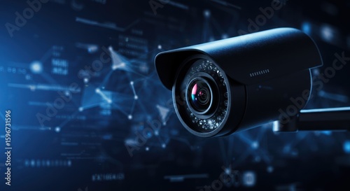 Close-up of a security camera with abstract digital network background.