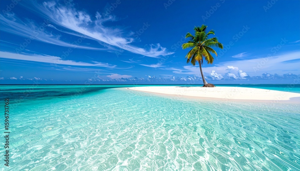 Fototapeta premium 透き通った水の南国の青い海 白い砂浜の島のヤシの木