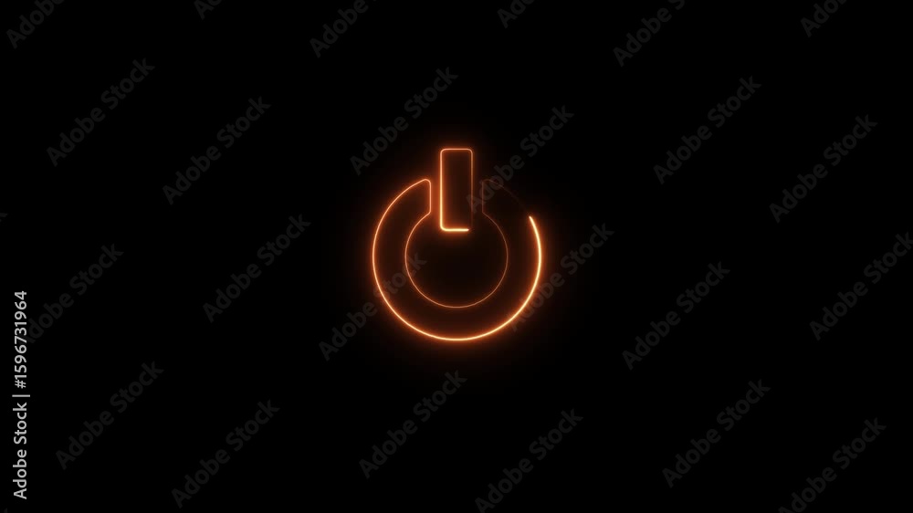 Power button icon animation, on black background  glowing neon orange color startup shutdown screen turn on off button switch stop start computer closed button concept.