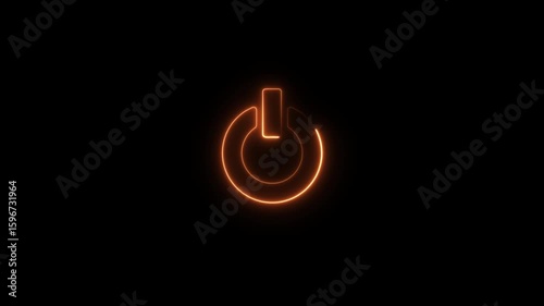 Power button icon animation, on black background  glowing neon orange color startup shutdown screen turn on off button switch stop start computer closed button concept.