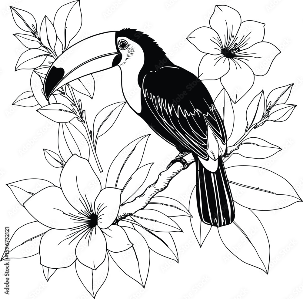 Fototapeta premium Elegant toucan perched amidst tropical flowers, perfect for a coloring book.
