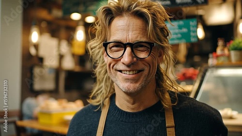 Smiling Male Barista Engaging with Customer in Cozy Coffee Shop Scene