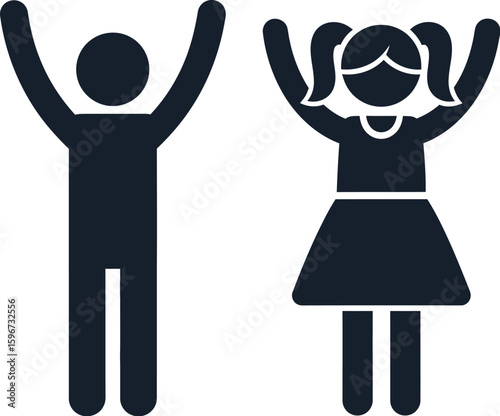 Vector illustration of boy and girl with hands up happy children icons