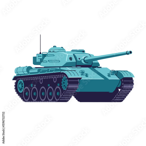 A teal-colored tank with a long barrel and treads is depicted against a white background.