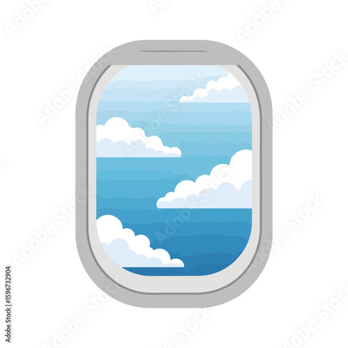 A stylized illustration of an airplane window showing fluffy clouds in a bright blue sky.