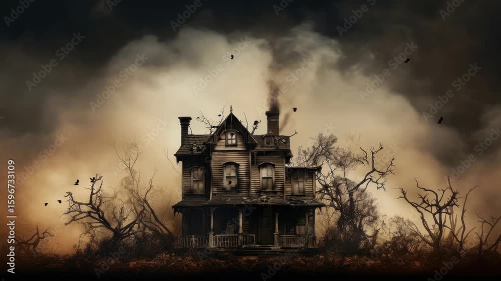 Eerie haunted house video concept with a wide-angle shot. Dark, moody atmosphere with barren trees and ominous clouds enhancing the spooky vibe. Live desktop wallpaper.