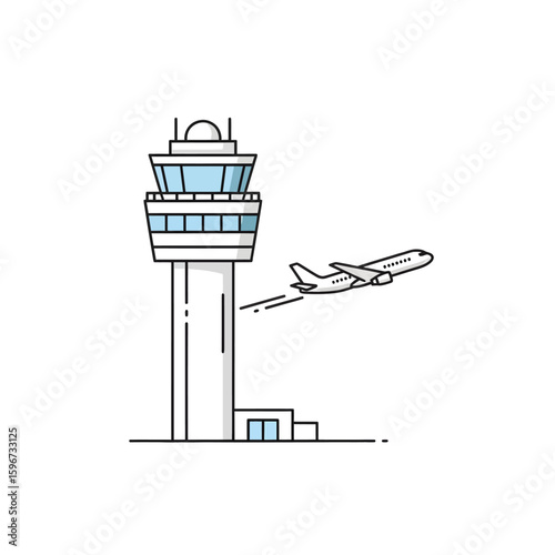 Illustration of an air traffic control tower with an airplane taking off nearby.