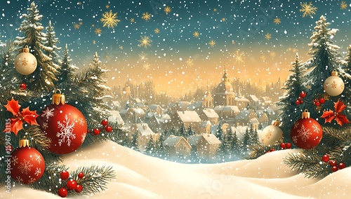 Enchanting winter christmas scene with snowflakes ornaments and a snowy village background