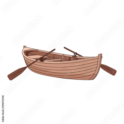 A wooden rowboat with oars, resting on a white background, ready for use.