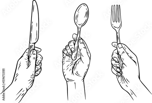 Hand draw cutlery in human hands. Set monochrome design elements. Kitchen fork, spoon and knife for food. Vintage vector illustration.