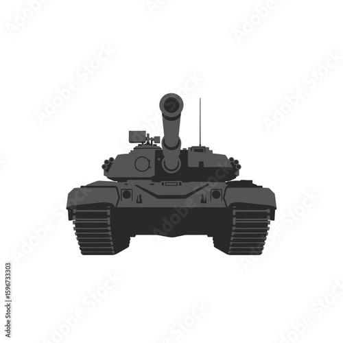 A frontal view of a dark gray military tank, isolated on a white background.