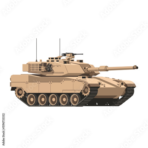A desert-colored military tank, powerfully built, ready for combat, shown in a three-quarter view.