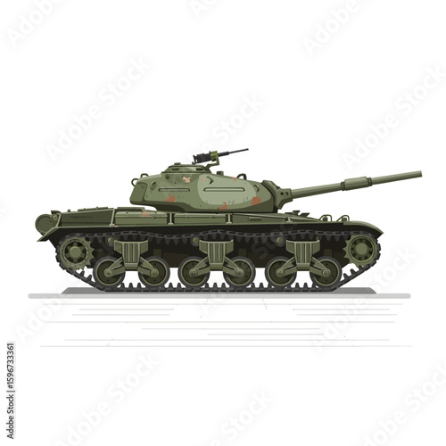 A side view illustration of a military tank, featuring a long cannon and tracks.