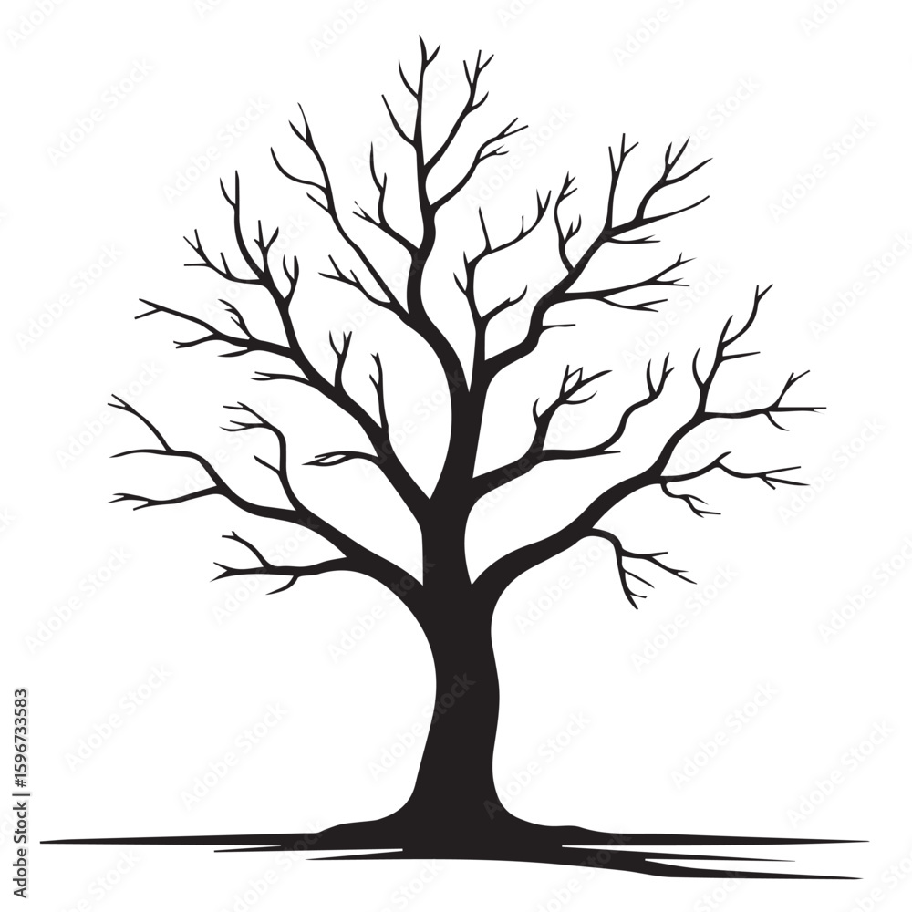 Vector art of a stark black silhouette of a bare deciduous tree with intricate branches stands isolated on a clean white background, symbolizing winter