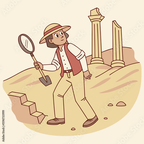 Cartoon Archaeologist Exploring Ancient Ruins – Fun Dig Site Illustration