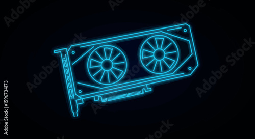 Neon blue gaming graphics card with dual fans in futuristic digital art style