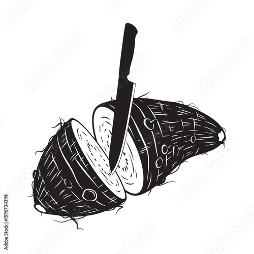 Knife Slicing Taro Root Vegetable in Half Vector Food Graphic
