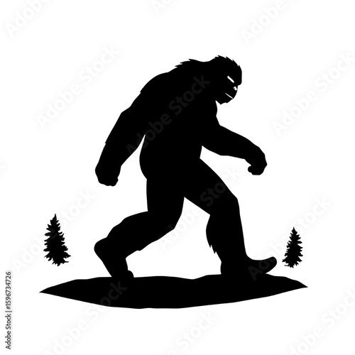 a towering bigfoot silhouette trudging across a forested terrain. Sasquatch  illustration and vector silhouett.