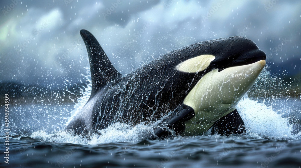 Fototapeta premium Orca Whale Breaching During Rainy Day in the Ocean Waterscape