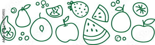 Green fruit outlines pear apple strawberry watermelon citrus slices vector