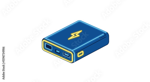 Isometric neon power bank design with lightning icon on white background