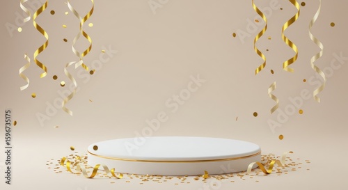 White podium with gold confetti and streamers against a beige background.